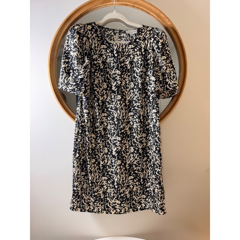 Gibson Latimer Shift Dress Small Black White Excellent Puff Sleeve Abstract